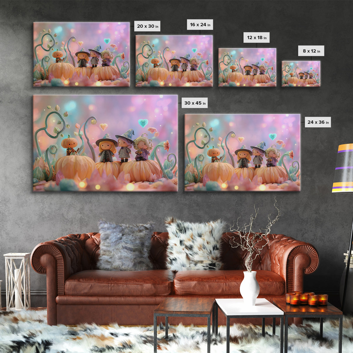 The Pumpkin Flower Garden, Cute Spooky Neon Art, Landscape Wall Art, Canvas Print, Retro Halloween Decor, Neon Wall Art, Horror Wall Art