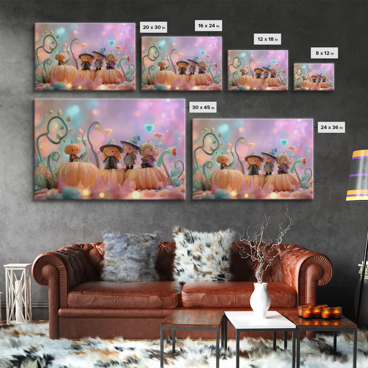 The Pumpkin Flower Garden, Cute Spooky Neon Art, Landscape Wall Art, Canvas Print, Retro Halloween Decor, Neon Wall Art, Horror Wall Art