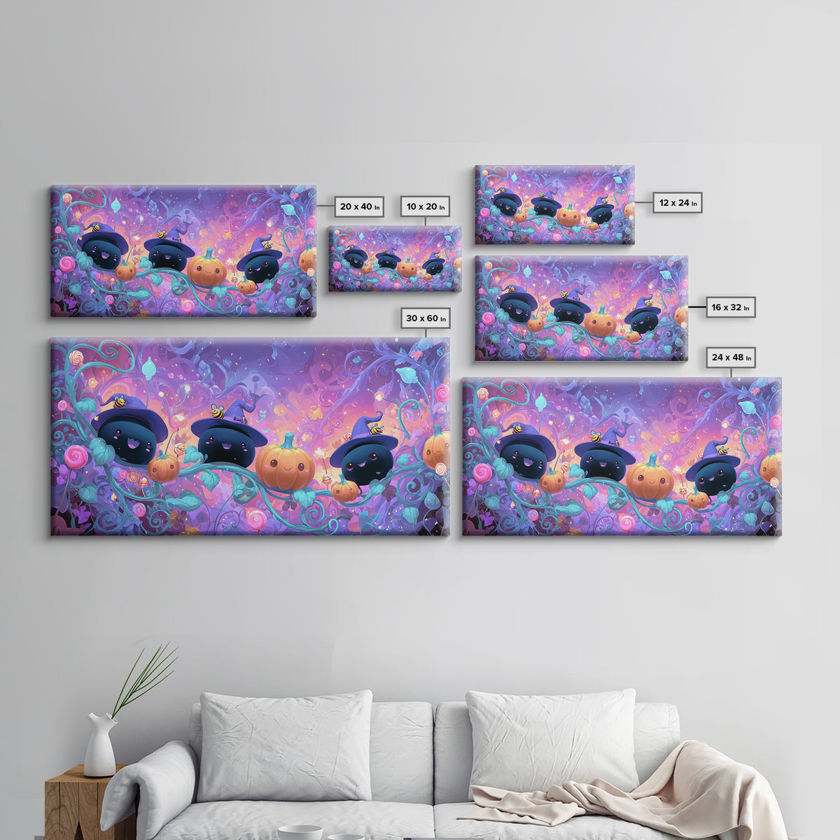 The Pumpkin Flower Garden, Cute Spooky Neon Art, Wide Panoramic Art, Canvas Print, Retro Halloween Decor, Neon Wall Art, Gothic Home Decor