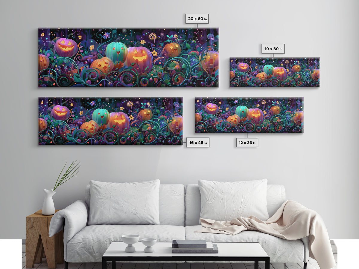 The Pumpkin Flower Garden, 80s Halloween Wall Art, Extra Wide Wall Art, Canvas Print, Retro Halloween Decor, Neon Wall Art