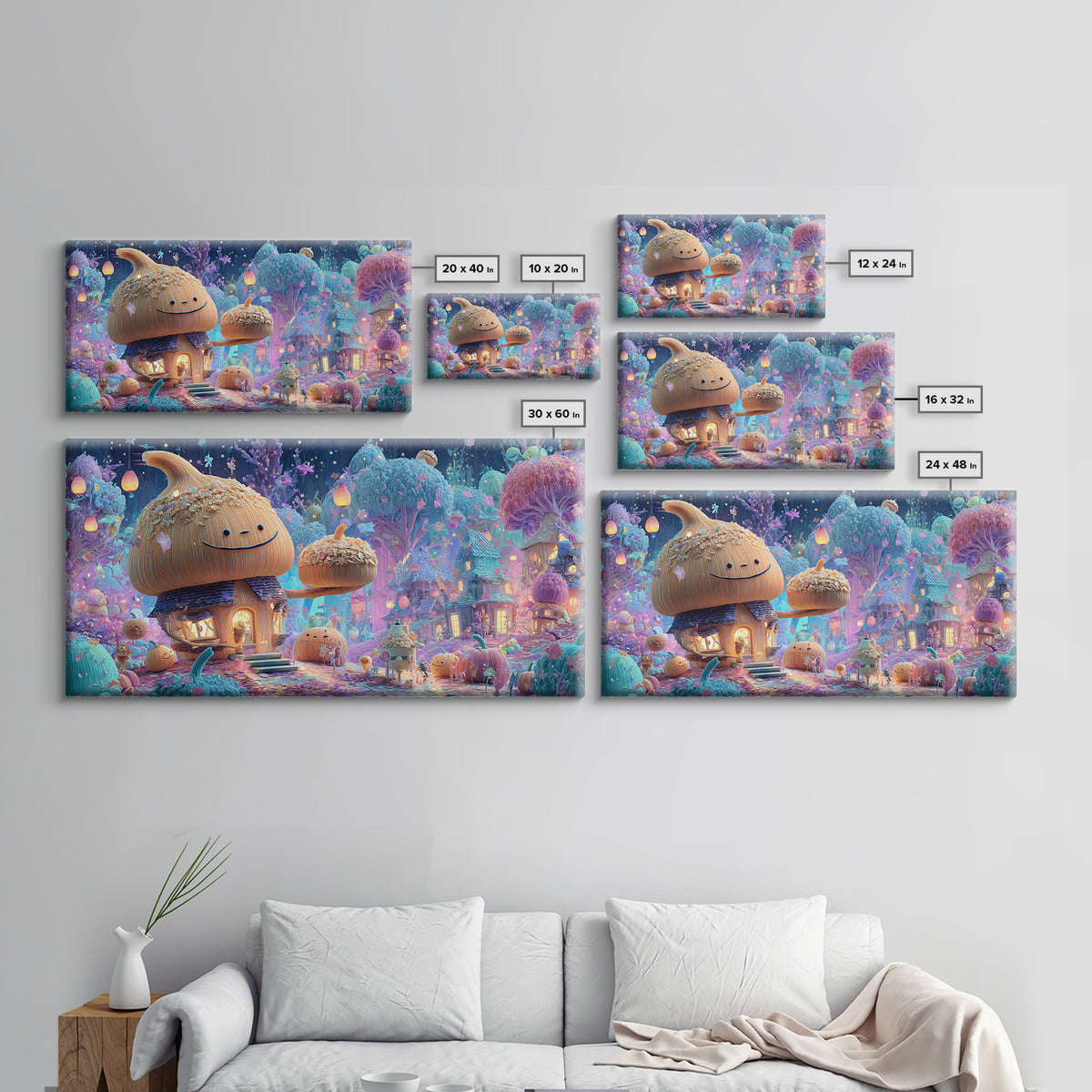 The Moonlit Acorn Village, Retro Neon Halloween Art, Wide Panoramic Art, Canvas Print, Retro Halloween Decor, Neon Wall Art