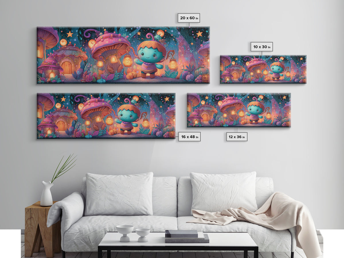 The Moonlit Acorn Village, 80s Halloween Wall Art, Extra Wide Wall Art, Canvas Print, Retro Halloween Decor, Neon Wall Art