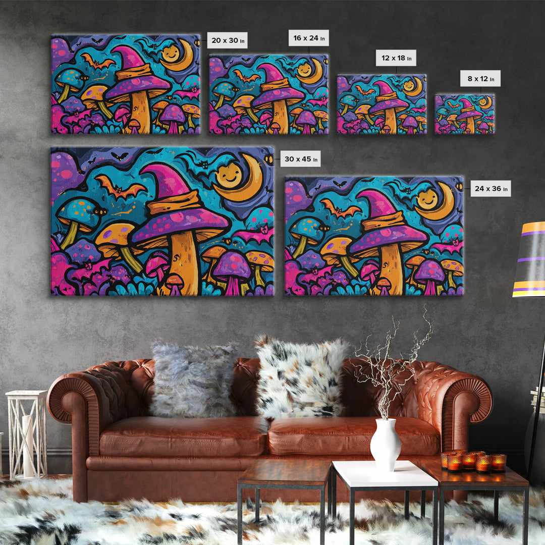 The Friendly Mushroom Forest, Vaporwave Halloween Decor, Landscape Wall Art, Framed Canvas Print, Retro Halloween Decor, Neon Wall Art