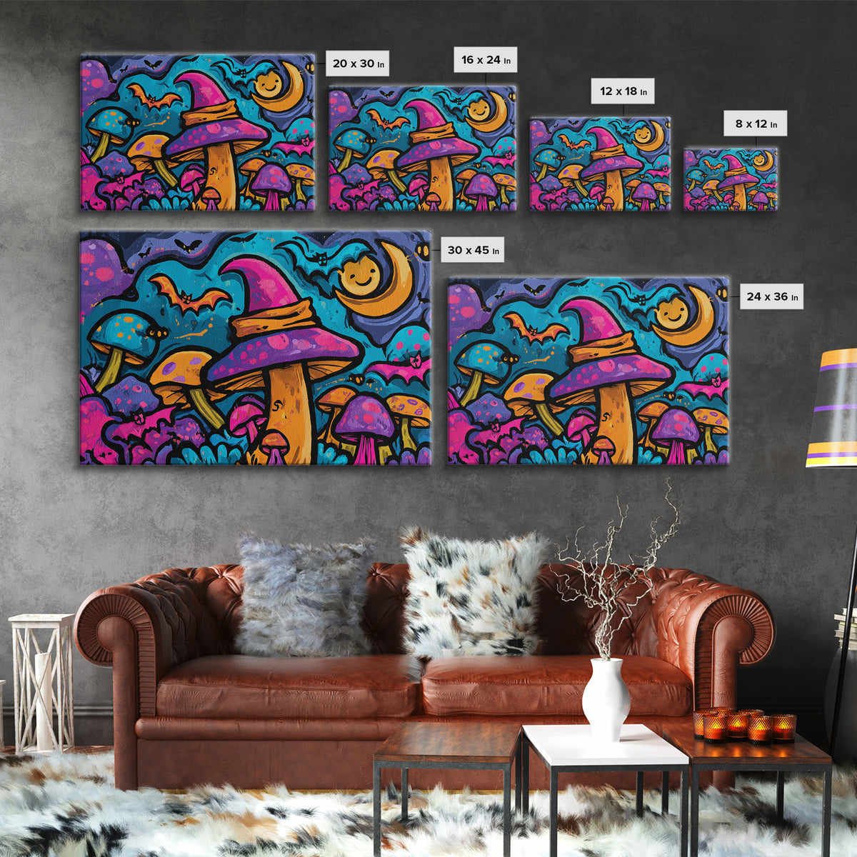 The Friendly Mushroom Forest, Vaporwave Halloween Decor, Landscape Wall Art, Framed Canvas Print, Retro Halloween Decor, Neon Wall Art