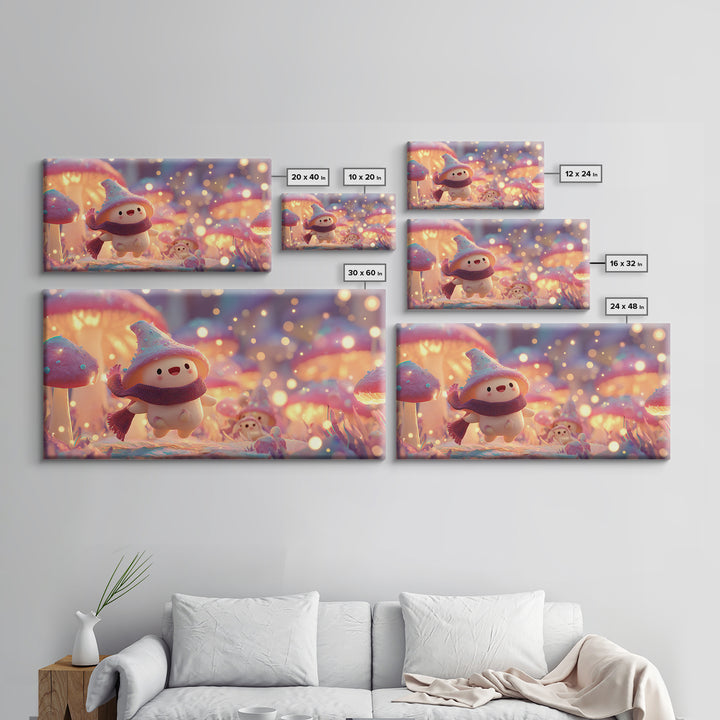 The Friendly Mushroom Forest, Vaporwave Halloween Decor, Wide Panoramic Art, Framed Canvas Print, Retro Halloween Decor, Neon Wall Art