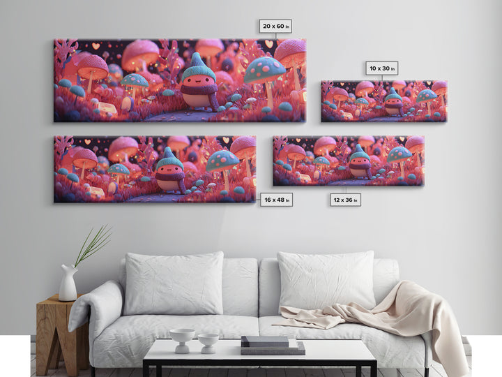 The Friendly Mushroom Forest, Retro Neon Halloween Art, Extra Wide Wall Art, Framed Canvas Print, Retro Halloween Decor, Neon Wall Art