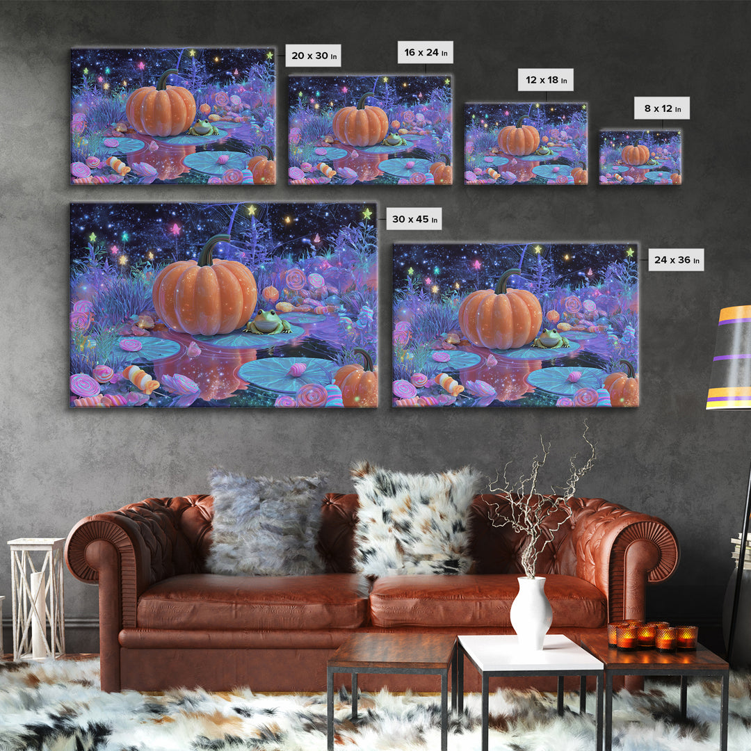 The Star-Filled Pumpkin Pond, Vaporwave Halloween Decor, Landscape Wall Art, Framed Canvas Print, Retro Halloween Decor, Neon Wall Art
