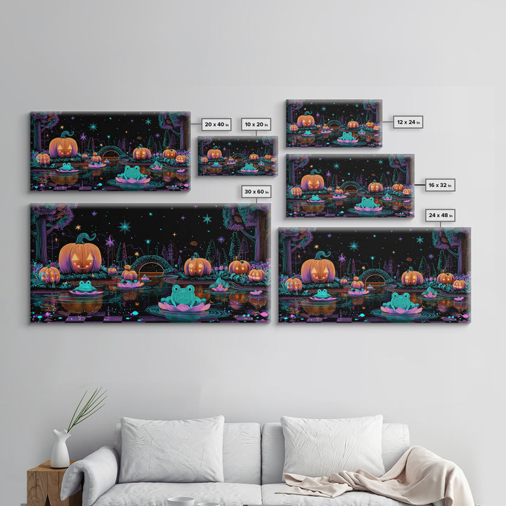 The Star-Filled Pumpkin Pond, Retro Neon Halloween Art, Wide Panoramic Art, Framed Canvas Print, Retro Halloween Decor, Neon Wall Art