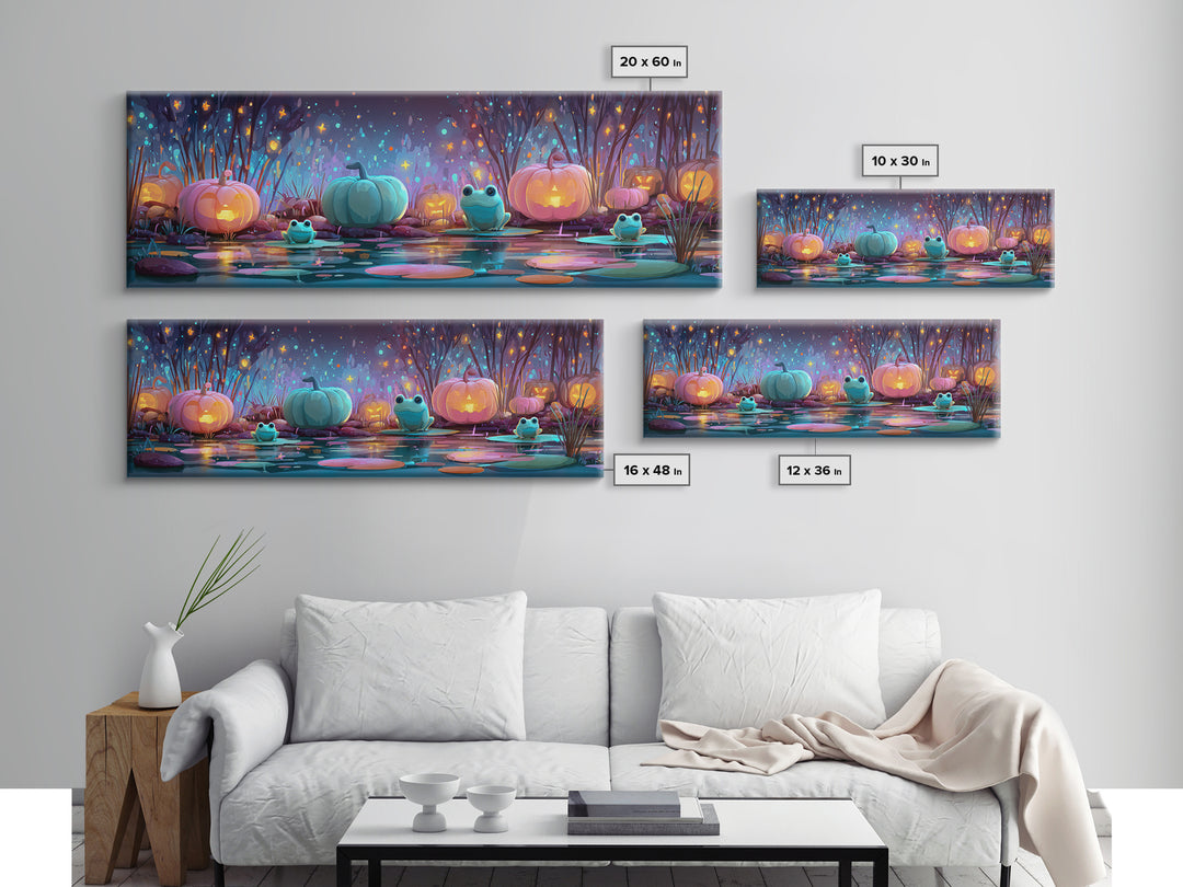 The Star-Filled Pumpkin Pond, Retro Neon Halloween Art, Extra Wide Wall Art, Canvas Print, Retro Halloween Decor, Neon Wall Art
