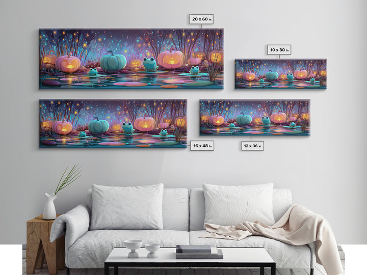 The Star-Filled Pumpkin Pond, Retro Neon Halloween Art, Extra Wide Wall Art, Canvas Print, Retro Halloween Decor, Neon Wall Art