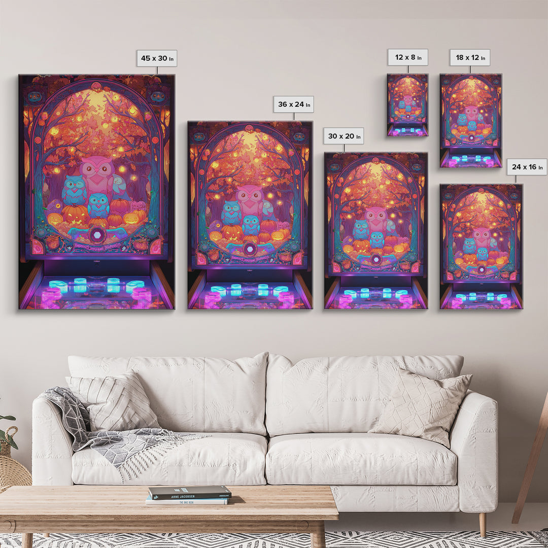 The Sleepy Owl Orchard, Cute Spooky Neon Art, Vertical Wall Art, Framed Canvas Print, Retro Halloween Decor, Neon Wall Art