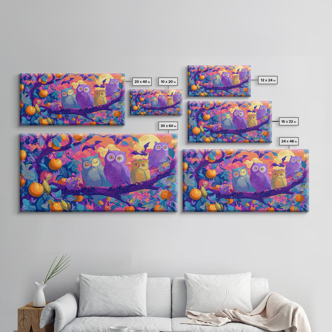 The Sleepy Owl Orchard, Retro Neon Halloween Art, Wide Panoramic Art, Framed Canvas Print, Retro Halloween Decor, Neon Wall Art
