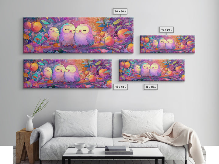 The Sleepy Owl Orchard, Cute Spooky Neon Art, Extra Wide Wall Art, Framed Canvas Print, Retro Halloween Decor, Neon Wall Art