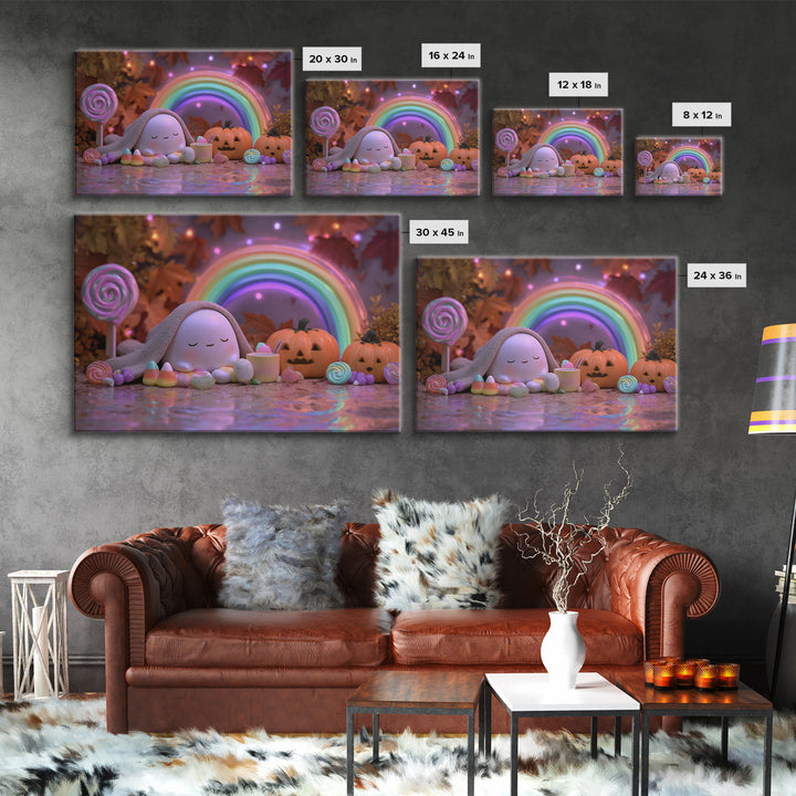 The Rainbow After The Halloween Rain, Synthwave Halloween Art, Landscape Wall Art, Framed Canvas Print, Retro Halloween Decor, Neon Wall Art
