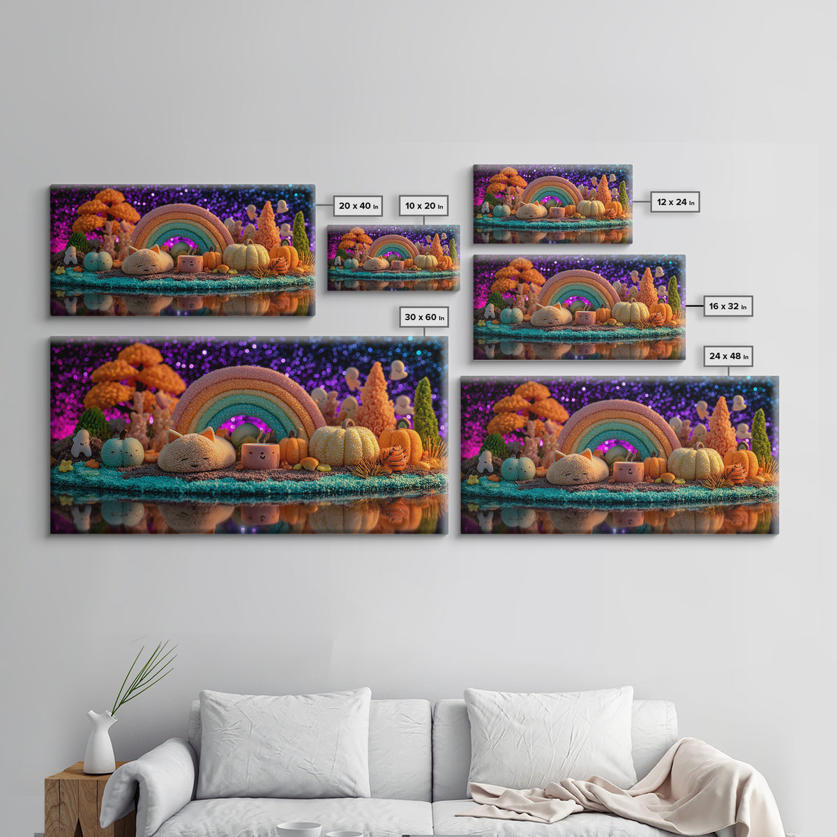 The Rainbow After The Halloween Rain, 80s Halloween Wall Art, Wide Panoramic Art, Framed Canvas Print, Retro Halloween Decor, Neon Wall Art