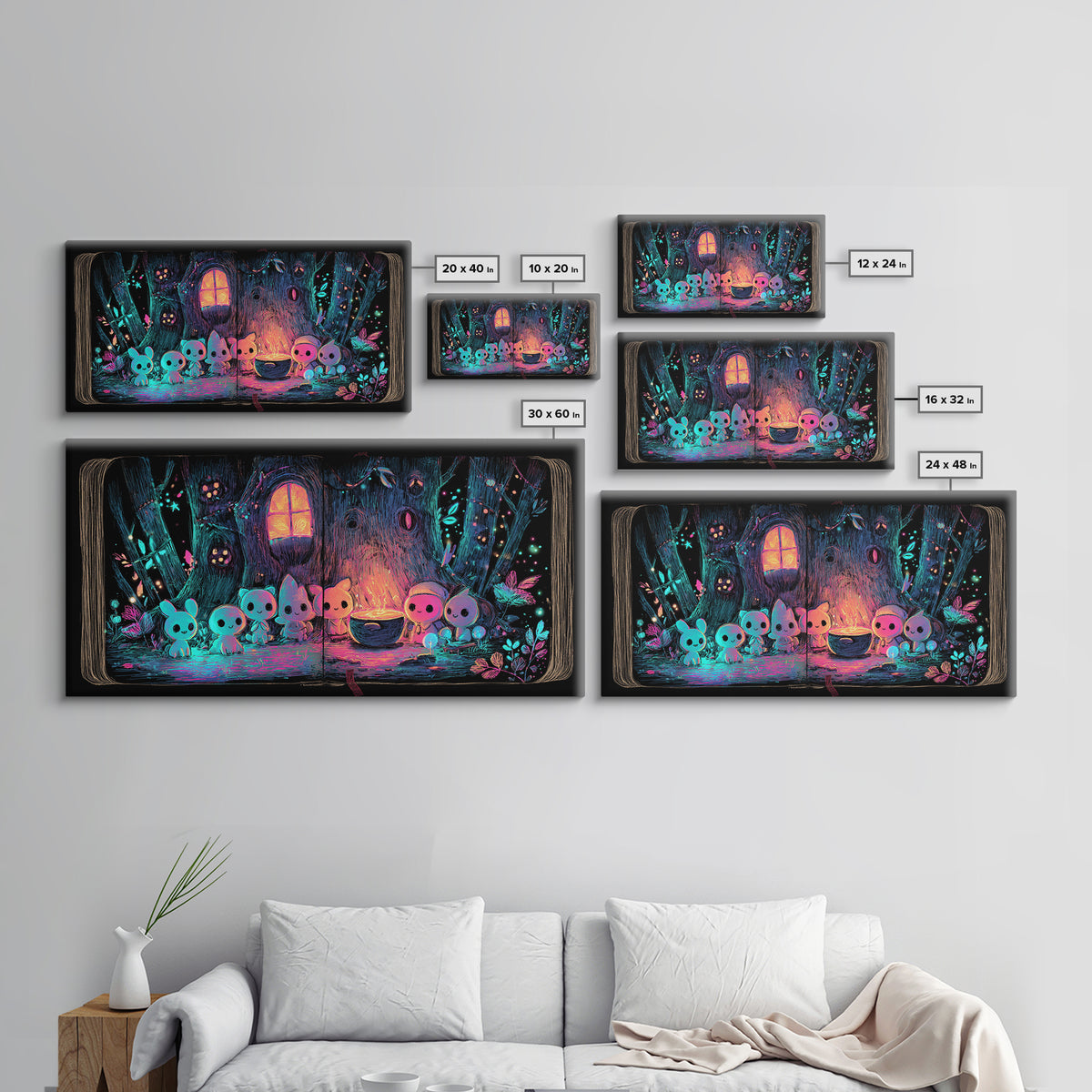 The Cozy Hollow Tree, Retro Neon Halloween Art, Wide Panoramic Art, Canvas Print, Retro Halloween Decor, Neon Wall Art, Statement Wall Art