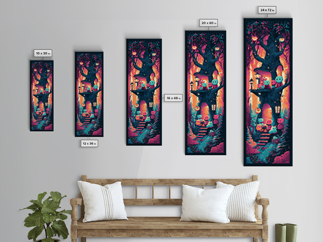 The Cozy Hollow Tree, Retro Neon Halloween Art, Tall Narrow Wall Art, Canvas Print, Retro Halloween Decor, Neon Wall Art, Statement Wall Art