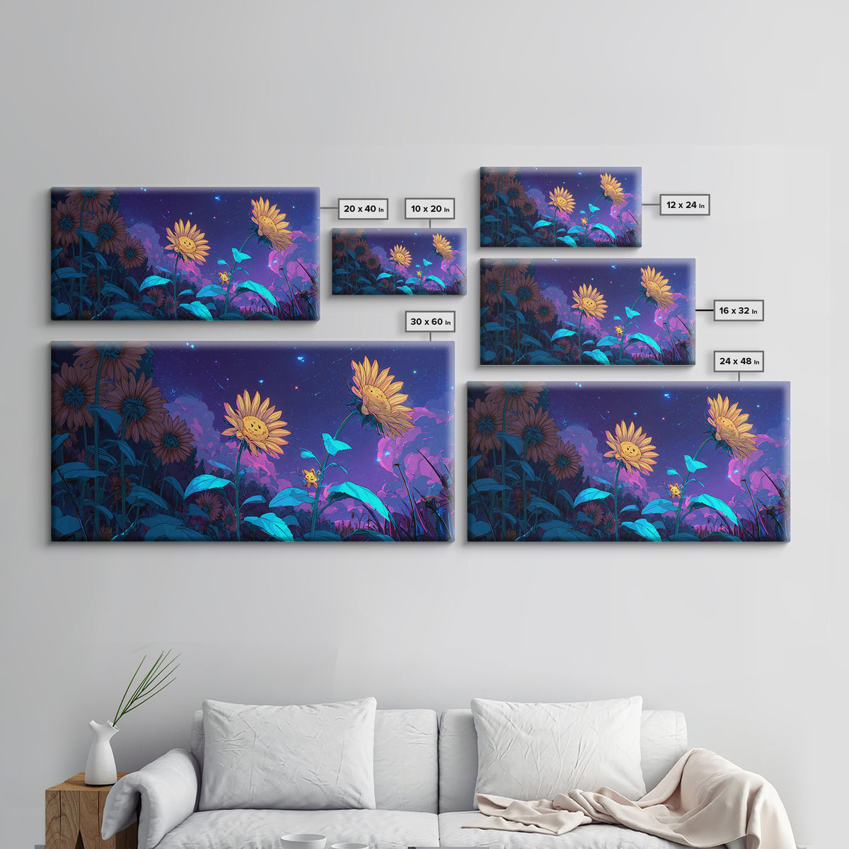 The Singing Sunflowers At Midnight, Synthwave Halloween Art, Wide Panoramic Art, Canvas Print, Retro Halloween Decor, Neon Wall Art