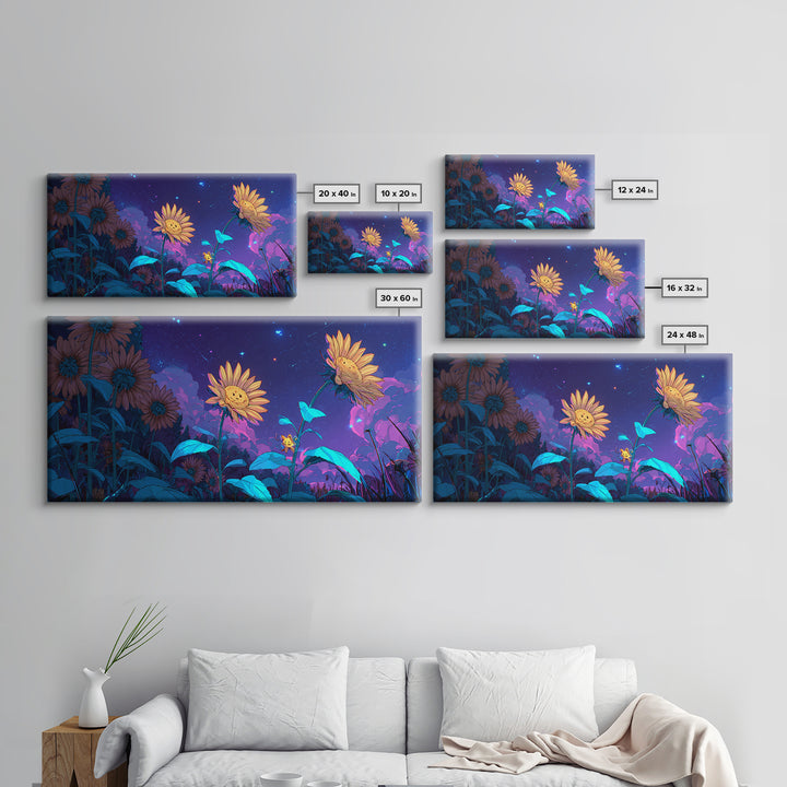 The Singing Sunflowers At Midnight, Synthwave Halloween Art, Wide Panoramic Art, Canvas Print, Retro Halloween Decor, Neon Wall Art