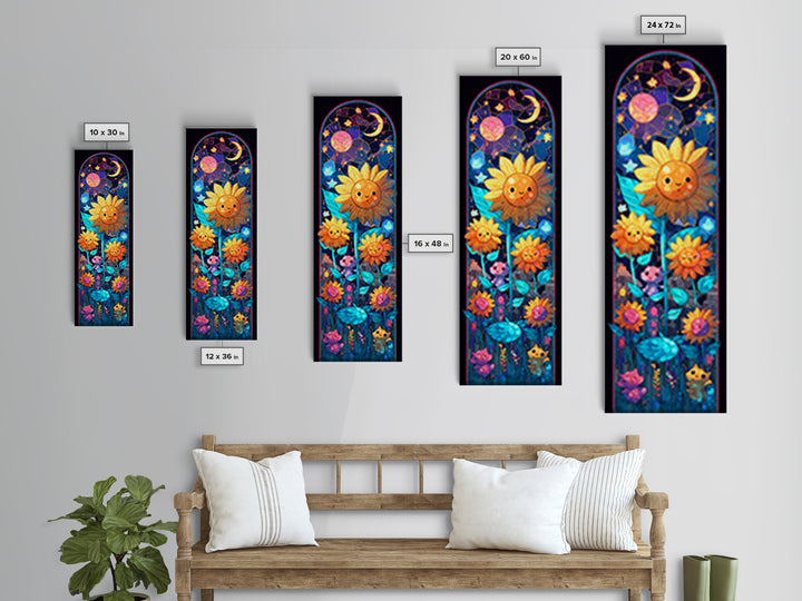 The Singing Sunflowers At Midnight, Retro Neon Halloween Art, Tall Narrow Wall Art, Framed Canvas Print, Retro Halloween Decor