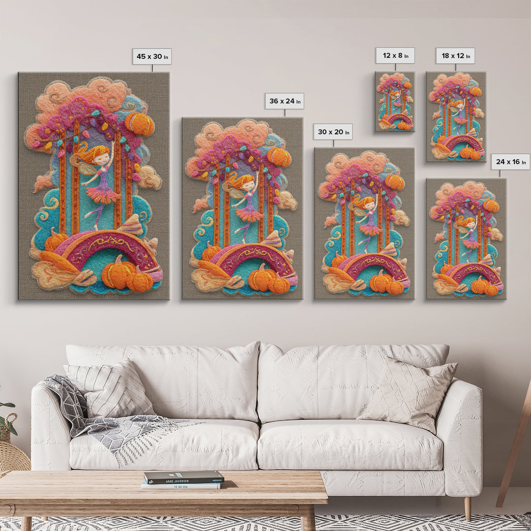 The Autumn Fairy Bridge, Cute Spooky Neon Art, Vertical Wall Art, Canvas Print, Retro Halloween Decor, Neon Wall Art, Collectible Wall Decor