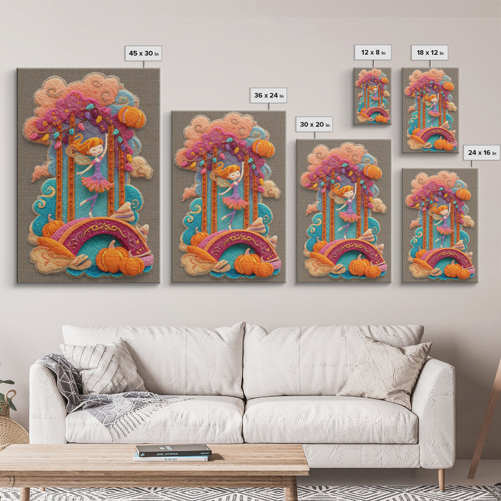 The Autumn Fairy Bridge, Cute Spooky Neon Art, Vertical Wall Art, Canvas Print, Retro Halloween Decor, Neon Wall Art, Collectible Wall Decor
