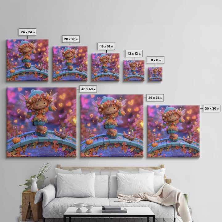 The Autumn Fairy Bridge, Synthwave Halloween Art, Square Wall Art, Canvas Print, Retro Halloween Decor, Neon Wall Art, Seasonal Home Decor