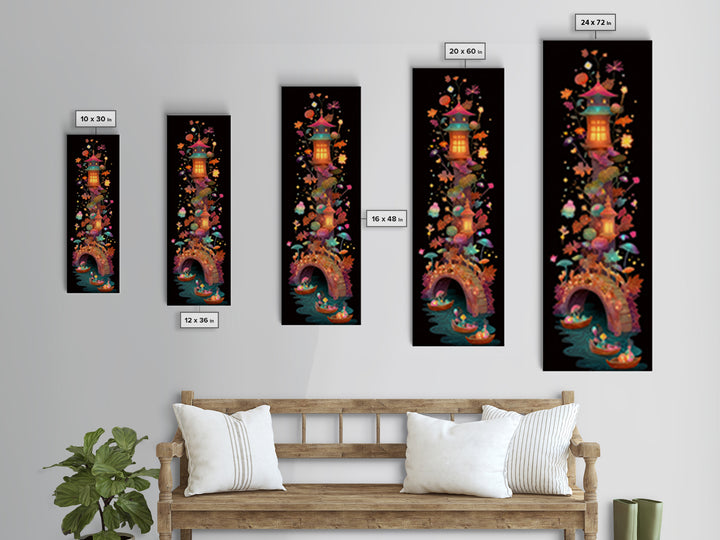 The Autumn Fairy Bridge, Cute Spooky Neon Art, Tall Narrow Wall Art, Canvas Print, Retro Halloween Decor, Neon Wall Art