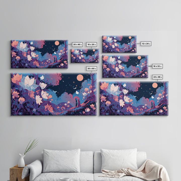 The Moon-Moth Garden, Cute Spooky Neon Art, Wide Panoramic Art, Framed Canvas Print, Retro Halloween Decor, Neon Wall Art, Horror Wall Art