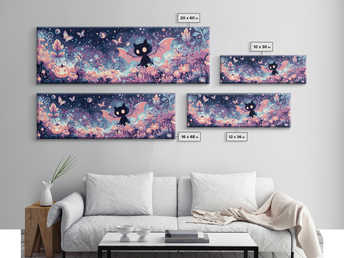 The Moon-Moth Garden, Synthwave Halloween Art, Extra Wide Wall Art, Framed Canvas Print, Retro Halloween Decor, Neon Wall Art