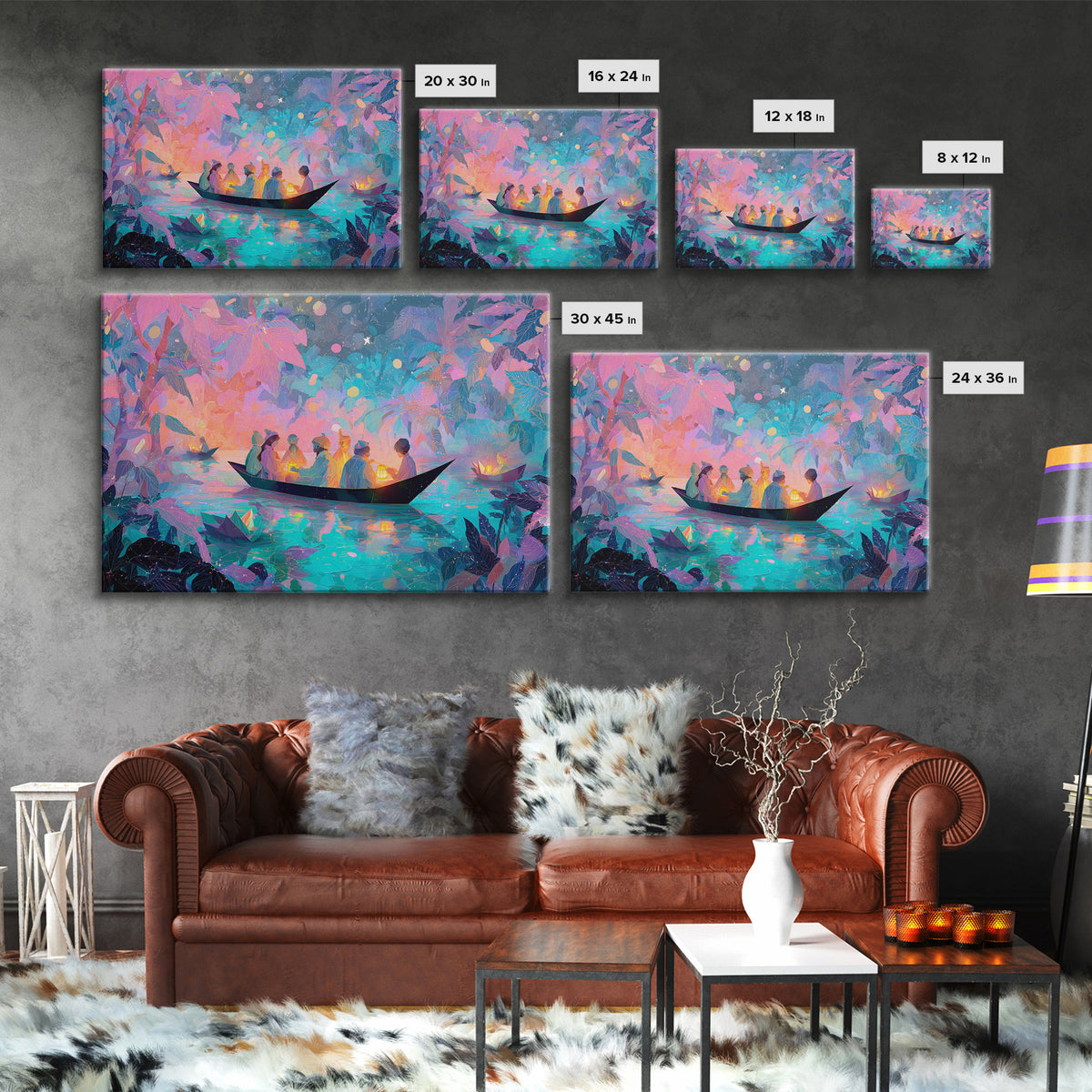 The Golden Leaf River, Cute Spooky Neon Art, Landscape Wall Art, Canvas Print, Retro Halloween Decor, Neon Wall Art, Dark Fantasy Art