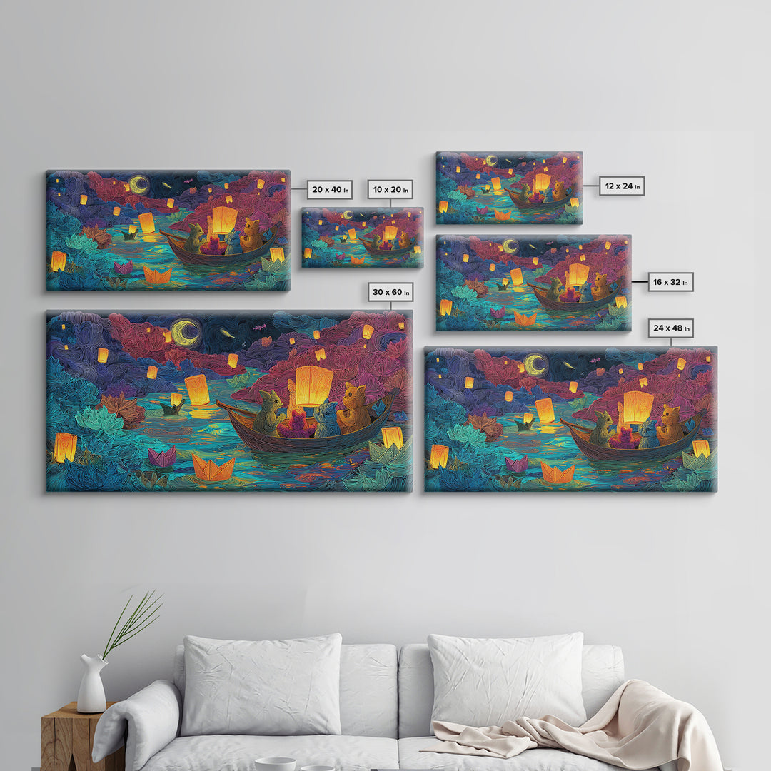 The Golden Leaf River, Cute Spooky Neon Art, Wide Panoramic Art, Framed Canvas Print, Retro Halloween Decor, Neon Wall Art