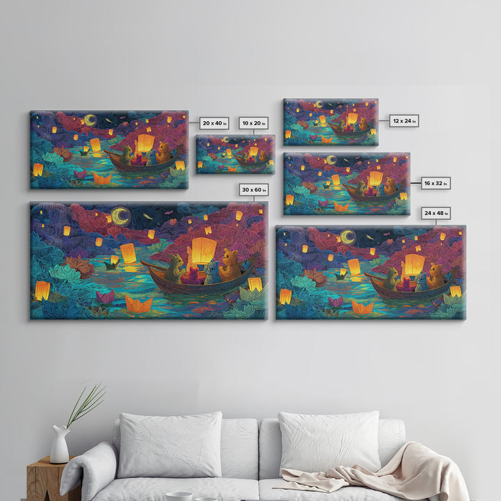 The Golden Leaf River, Cute Spooky Neon Art, Wide Panoramic Art, Framed Canvas Print, Retro Halloween Decor, Neon Wall Art