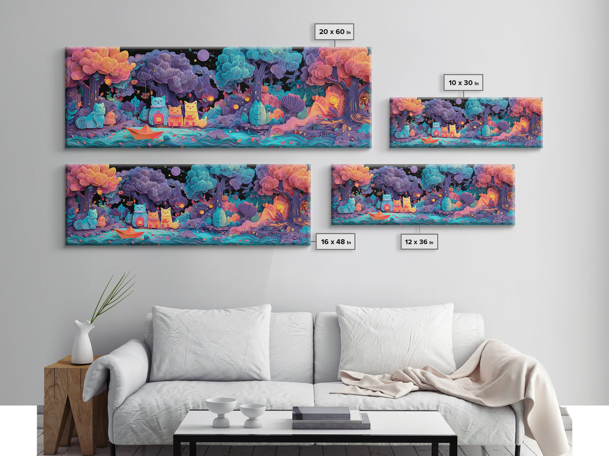 The Golden Leaf River, 80s Halloween Wall Art, Extra Wide Wall Art, Canvas Print, Retro Halloween Decor, Neon Wall Art