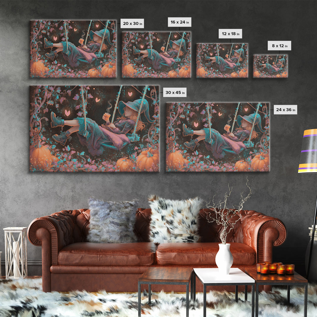 The Pumpkin Vine Swing, Vaporwave Halloween Decor, Landscape Wall Art, Canvas Print, Retro Halloween Decor, Neon Wall Art