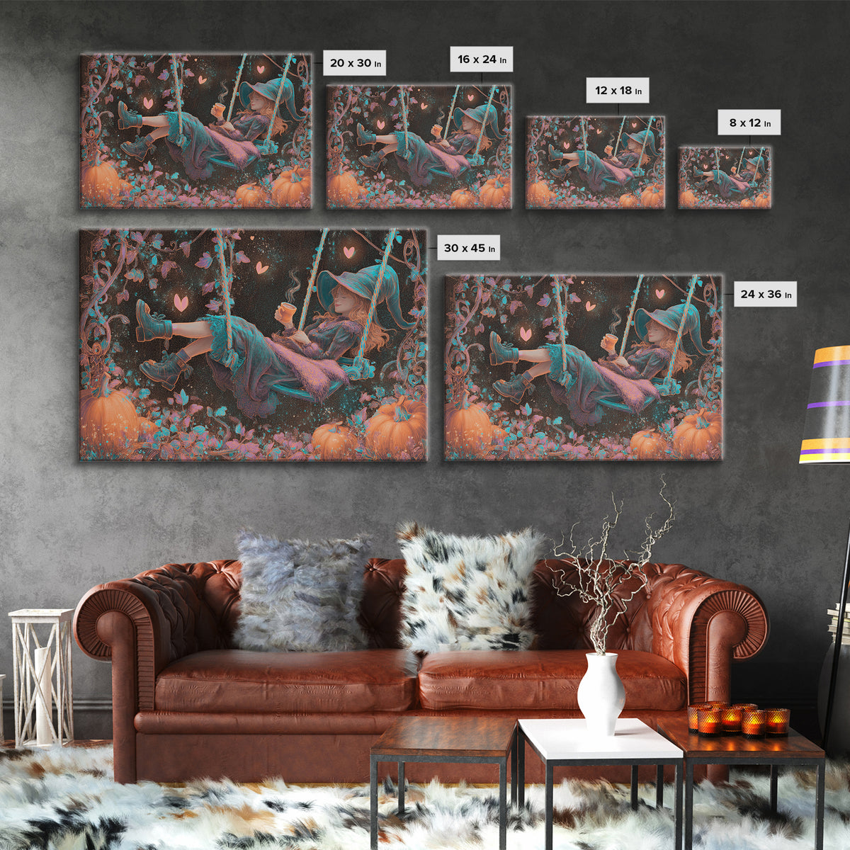The Pumpkin Vine Swing, Vaporwave Halloween Decor, Landscape Wall Art, Canvas Print, Retro Halloween Decor, Neon Wall Art