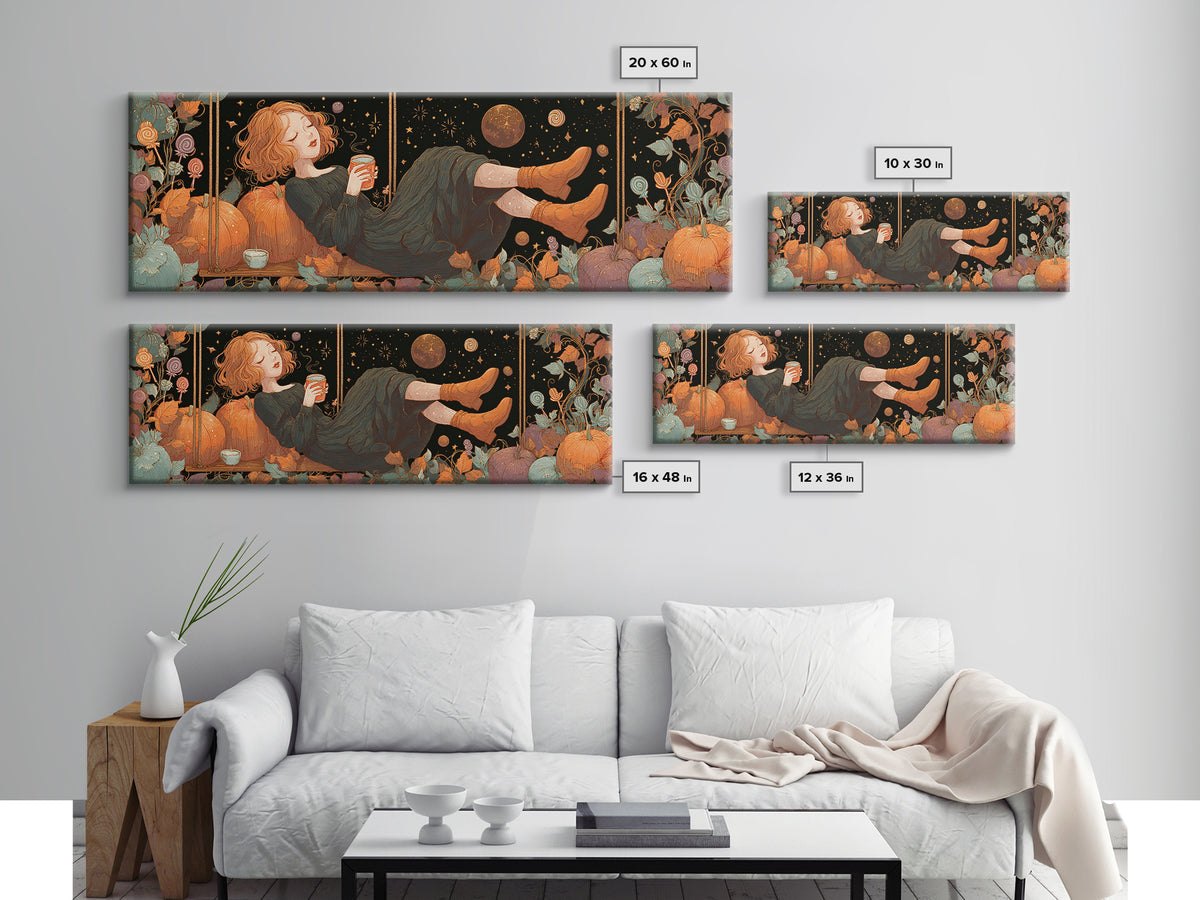 The Pumpkin Vine Swing, 80s Halloween Wall Art, Extra Wide Wall Art, Framed Canvas Print, Retro Halloween Decor, Neon Wall Art