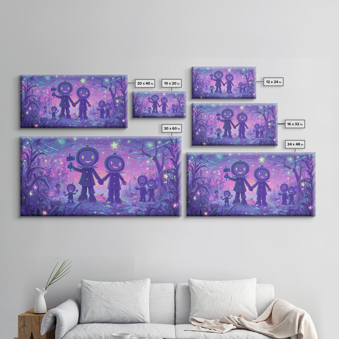 The Starry Cornfield Maze, 80s Halloween Wall Art, Wide Panoramic Art, Framed Canvas Print, Retro Halloween Decor, Neon Wall Art