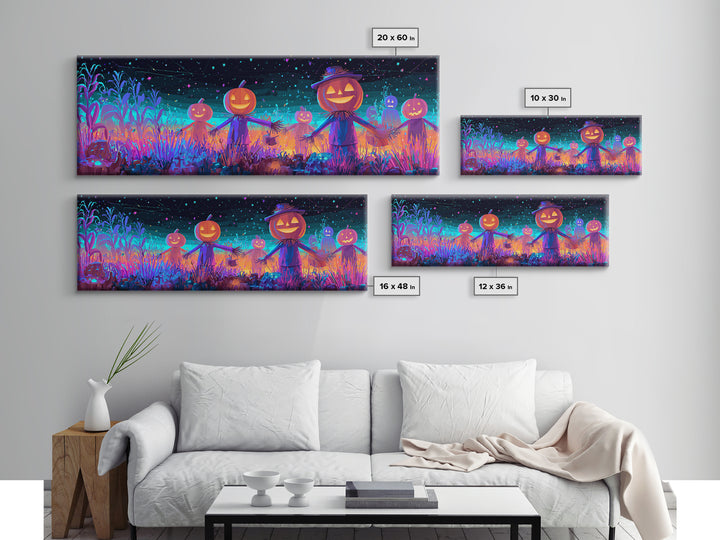 The Starry Cornfield Maze, Retro Neon Halloween Art, Extra Wide Wall Art, Canvas Print, Retro Halloween Decor, Neon Wall Art
