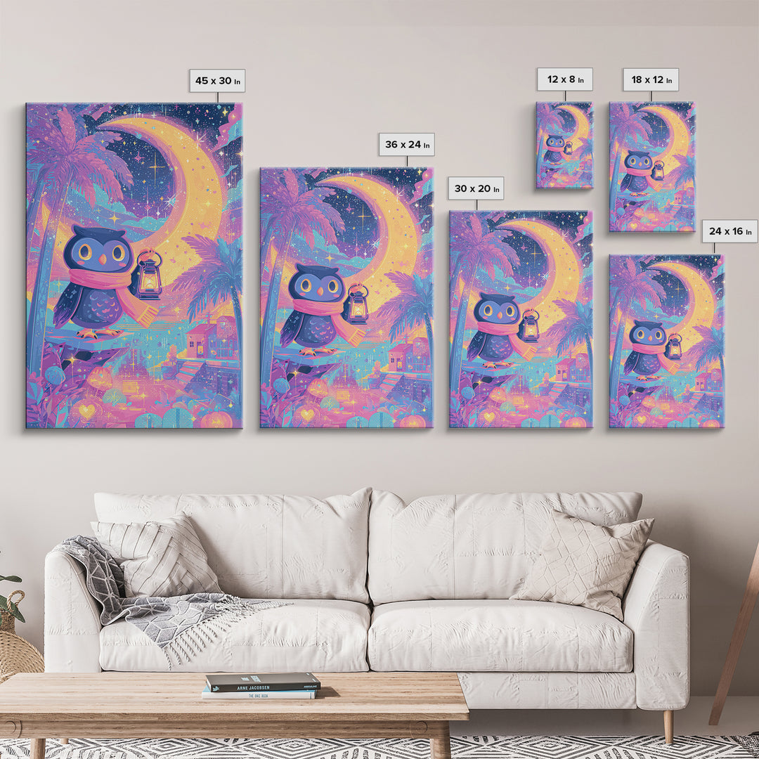 The Owl And The Crescent Moon, Cute Spooky Neon Art, Vertical Wall Art, Canvas Print, Retro Halloween Decor, Neon Wall Art