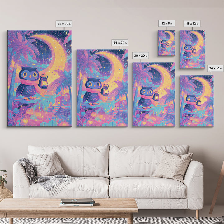 The Owl And The Crescent Moon, Cute Spooky Neon Art, Vertical Wall Art, Canvas Print, Retro Halloween Decor, Neon Wall Art