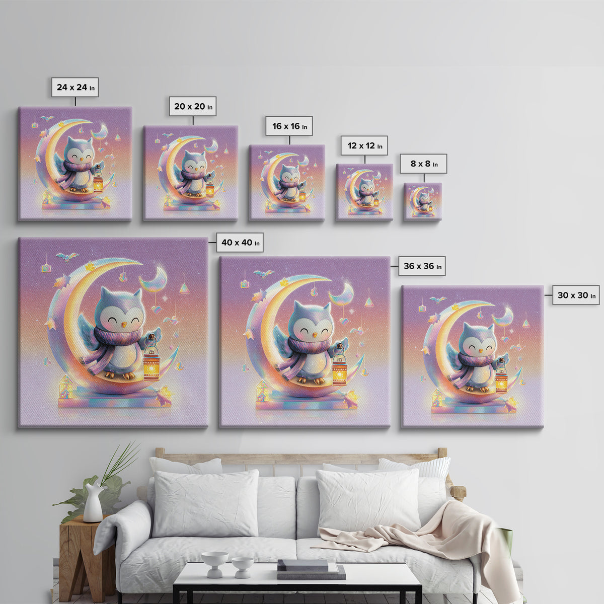 The Owl And The Crescent Moon, Retro Neon Halloween Art, Square Wall Art, Framed Canvas Print, Retro Halloween Decor, Neon Wall Art