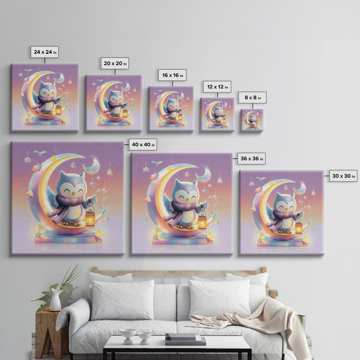 The Owl And The Crescent Moon, Retro Neon Halloween Art, Square Wall Art, Framed Canvas Print, Retro Halloween Decor, Neon Wall Art