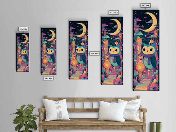 The Owl And The Crescent Moon, 80s Halloween Wall Art, Tall Narrow Wall Art, Canvas Print, Retro Halloween Decor, Neon Wall Art