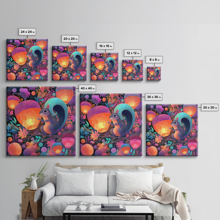 The Acorn Lantern Festival, Cute Spooky Neon Art, Square Wall Art, Framed Canvas Print, Retro Halloween Decor, Neon Wall Art