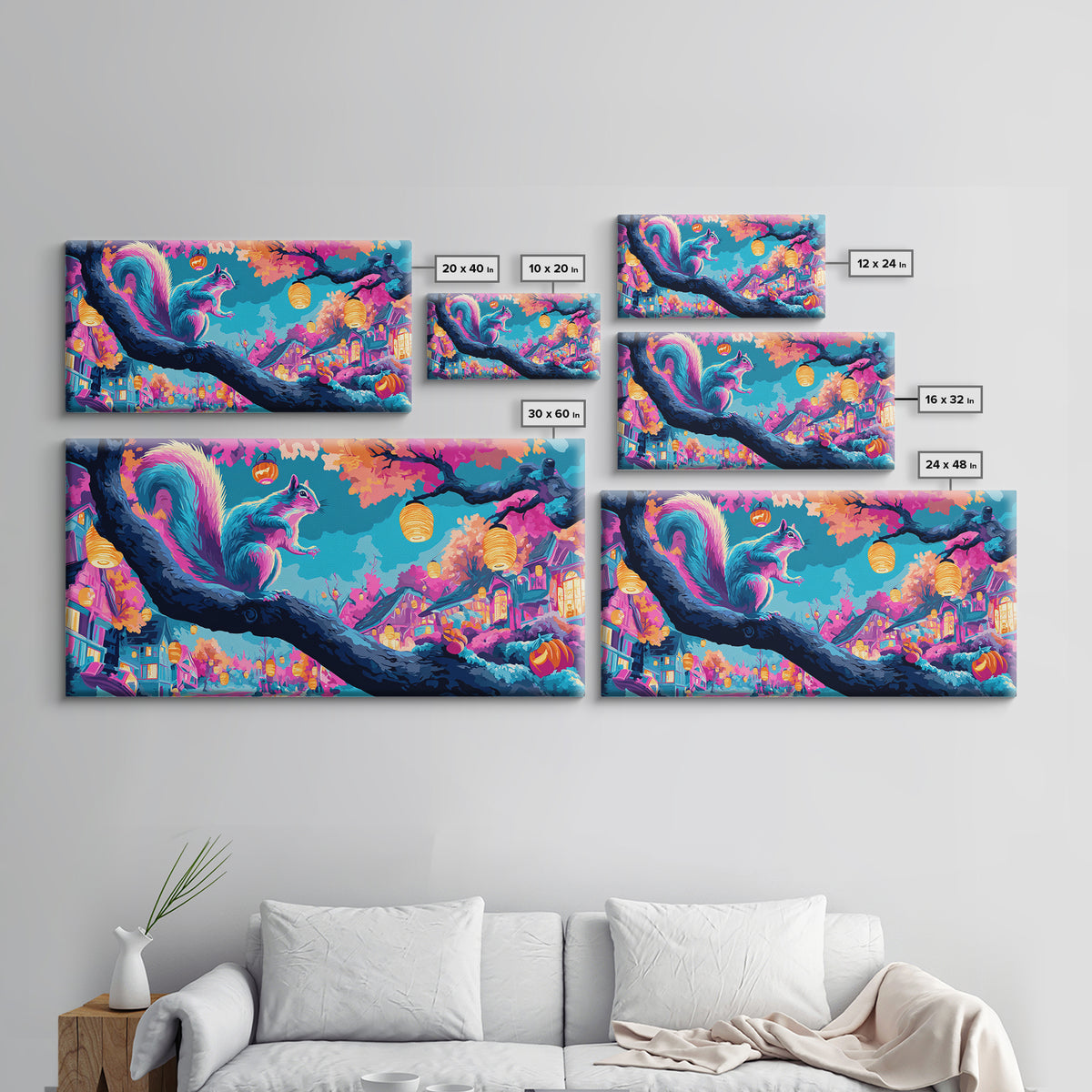 The Acorn Lantern Festival, Synthwave Halloween Art, Wide Panoramic Art, Framed Canvas Print, Retro Halloween Decor, Neon Wall Art