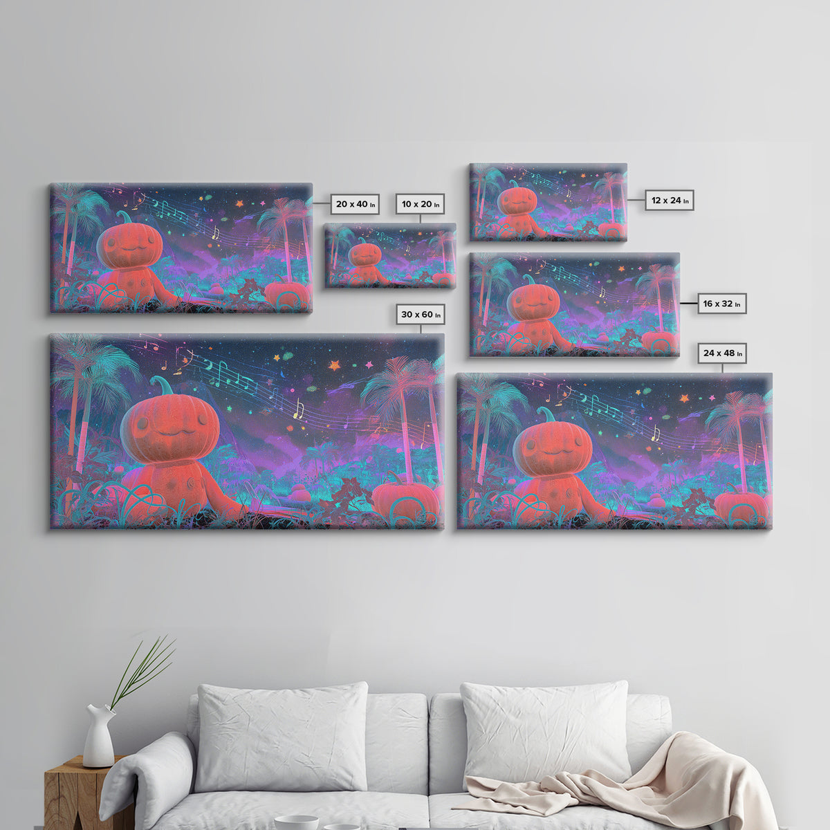 The Singing Pumpkin Patch, Vaporwave Halloween Decor, Wide Panoramic Art, Framed Canvas Print, Retro Halloween Decor, Neon Wall Art