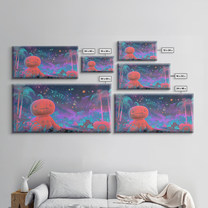 The Singing Pumpkin Patch, Vaporwave Halloween Decor, Wide Panoramic Art, Framed Canvas Print, Retro Halloween Decor, Neon Wall Art