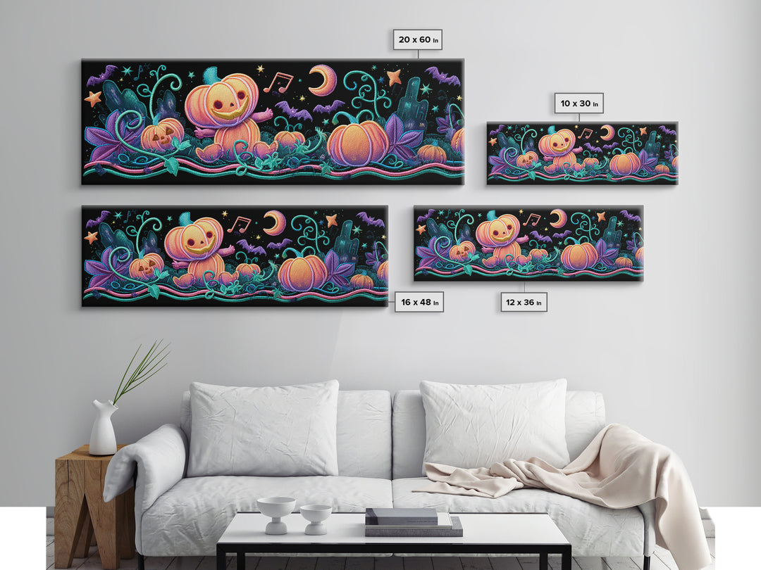 The Singing Pumpkin Patch, Retro Neon Halloween Art, Extra Wide Wall Art, Canvas Print, Retro Halloween Decor, Neon Wall Art