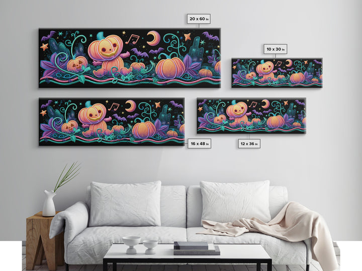 The Singing Pumpkin Patch, Retro Neon Halloween Art, Extra Wide Wall Art, Canvas Print, Retro Halloween Decor, Neon Wall Art